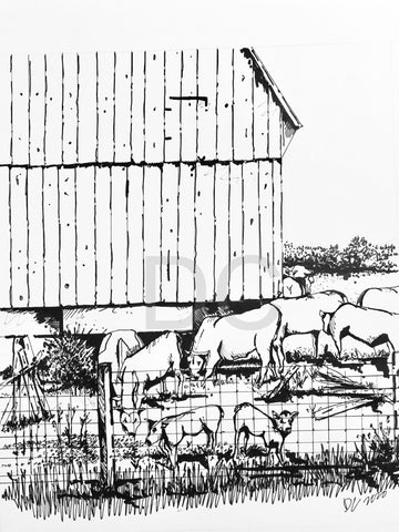Farmland Original Ink Drawing Artwork Barn Cows