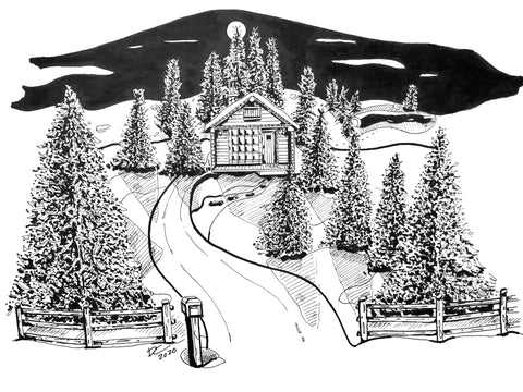 winter cabins ink drawing Donna Colbourn 